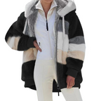 Fleece Teddy Jacket Women's Hooded Colorblock Zip-Up Coat – Casual, Winter