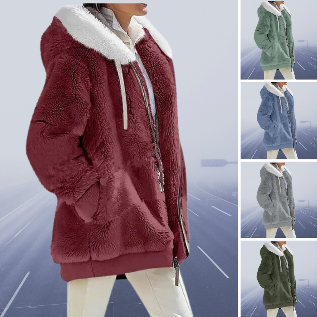 Fleece Teddy Jacket Women's Oversized Zip-Up Green – Casual, Winter