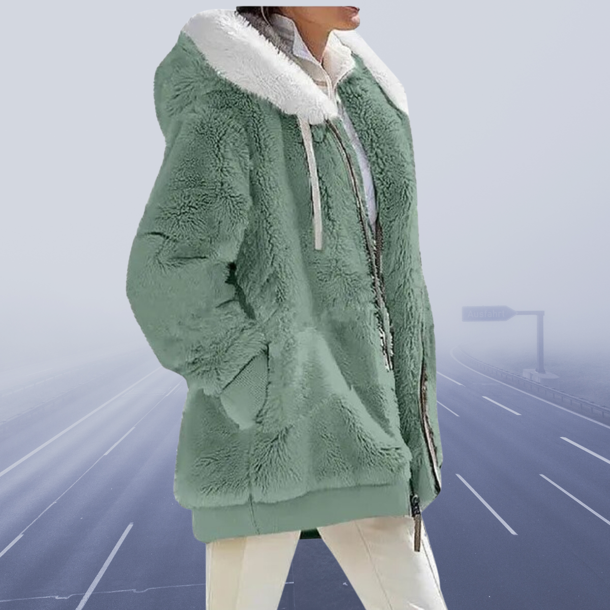 Fleece Teddy Jacket Women's Oversized Zip-Up Green – Casual, Winter