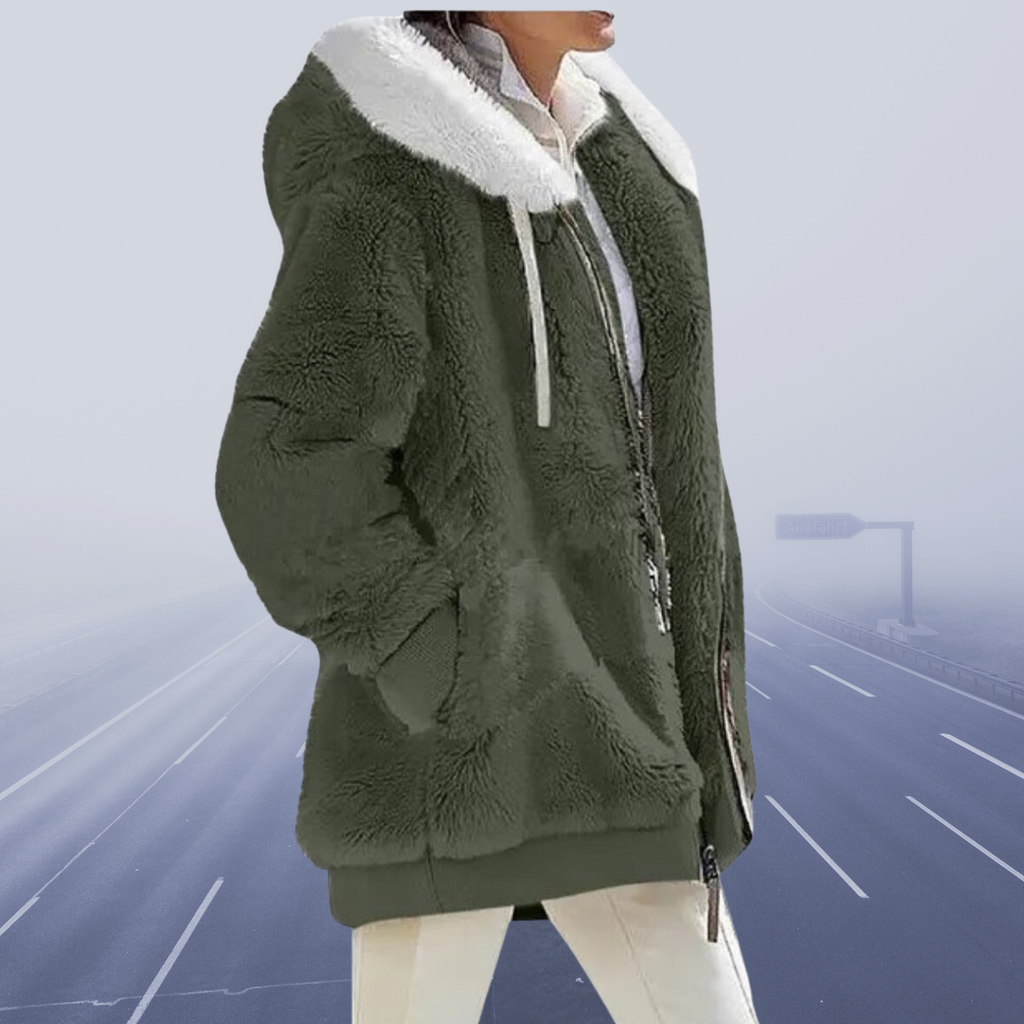 Fleece Teddy Jacket Women's Oversized Zip-Up Green – Casual, Winter