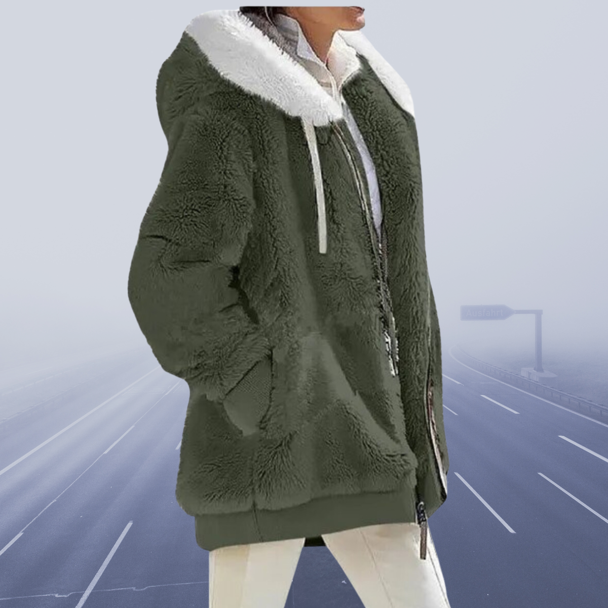 Fleece Teddy Jacket Women's Oversized Zip-Up Green – Casual, Winter