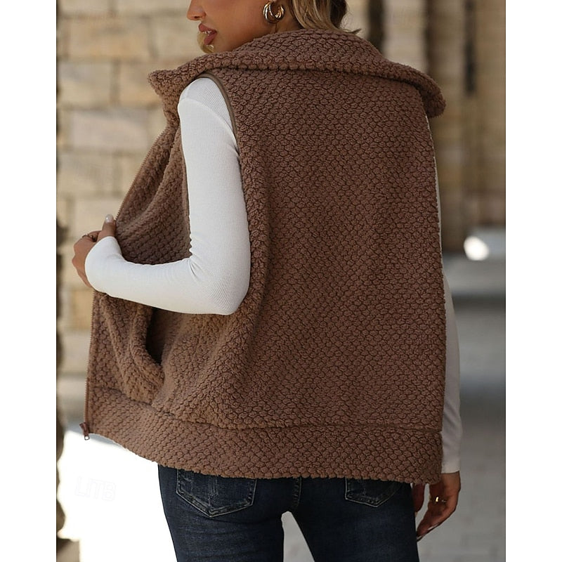 Fleece Vest Women's Sleeveless Sherpa with Pockets Brown – Casual, Office