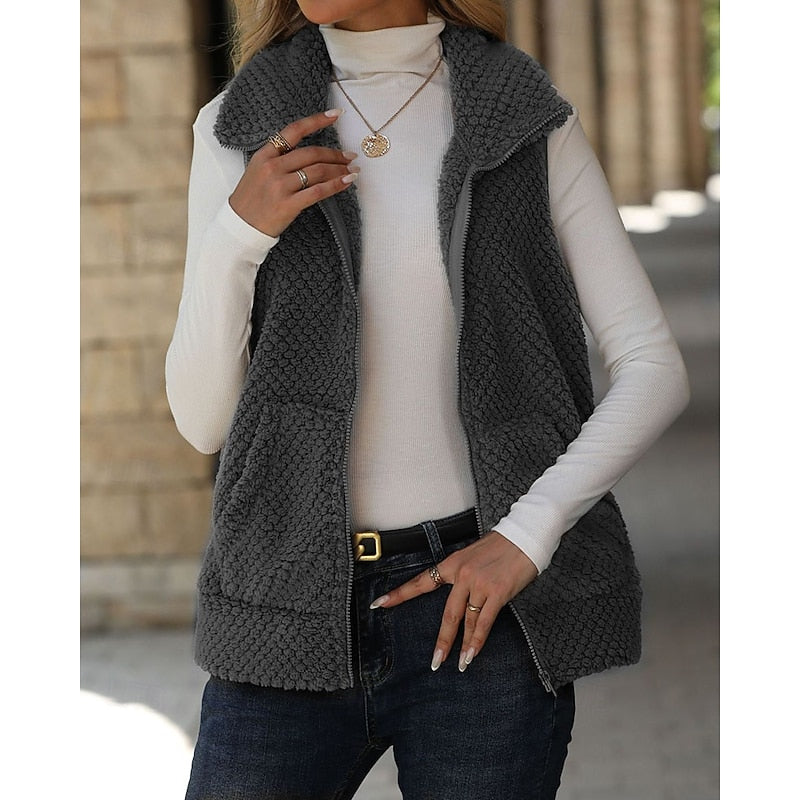 Fleece Vest Women's Sleeveless Sherpa with Pockets Brown – Casual, Office