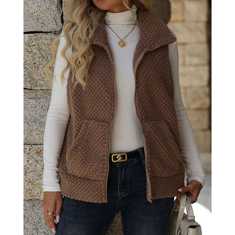 Fleece Vest Women's Sleeveless Sherpa with Pockets Brown – Casual, Office