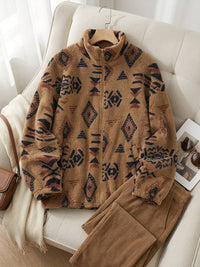 Fleece Zip-Up Jacket Aztec Geometric Print Sherpa Coat – Casual, Winter