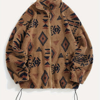 Fleece Zip-Up Jacket Aztec Geometric Print Sherpa Coat – Casual, Winter