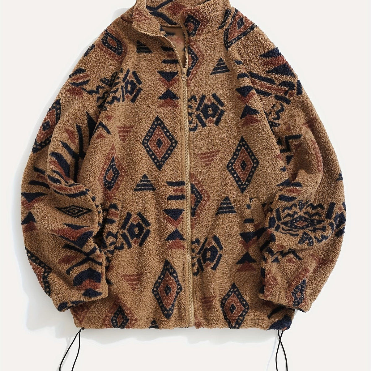 Fleece Zip-Up Jacket Aztec Geometric Print Sherpa Coat – Casual, Winter