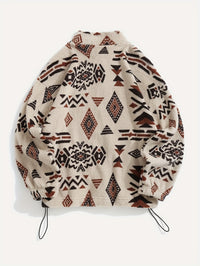 Fleece Zip-Up Jacket Aztec Geometric Print Sherpa Coat – Casual, Winter