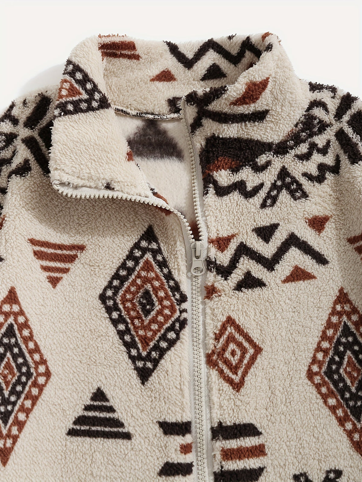 Fleece Zip-Up Jacket Aztec Geometric Print Sherpa Coat – Casual, Winter