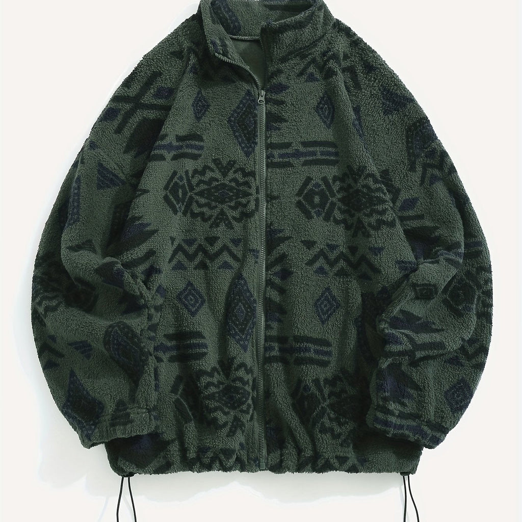Fleece Zip-Up Jacket Aztec Geometric Print Sherpa Coat – Casual, Winter
