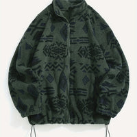 Fleece Zip-Up Jacket Aztec Geometric Print Sherpa Coat – Casual, Winter