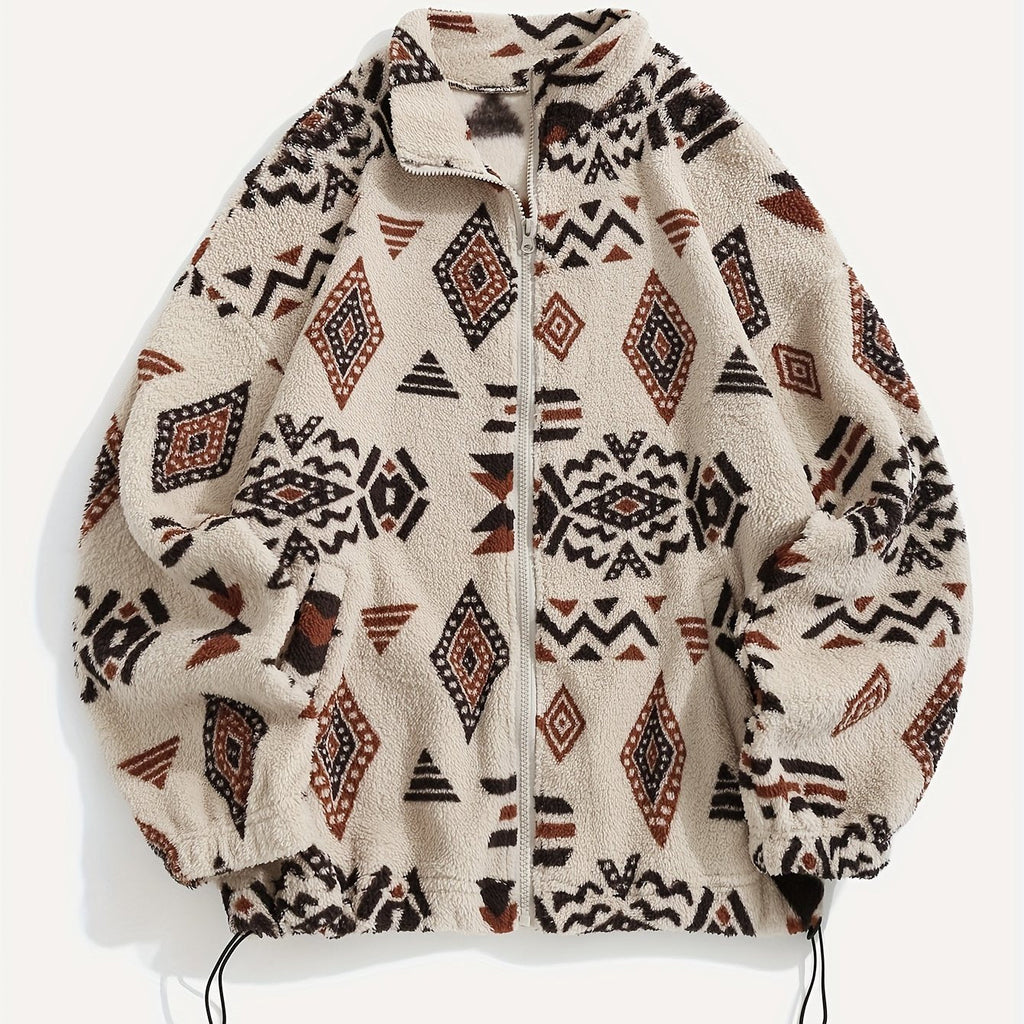 Fleece Zip-Up Jacket Aztec Geometric Print Sherpa Coat – Casual, Winter