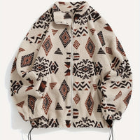 Fleece Zip-Up Jacket Aztec Geometric Print Sherpa Coat – Casual, Winter