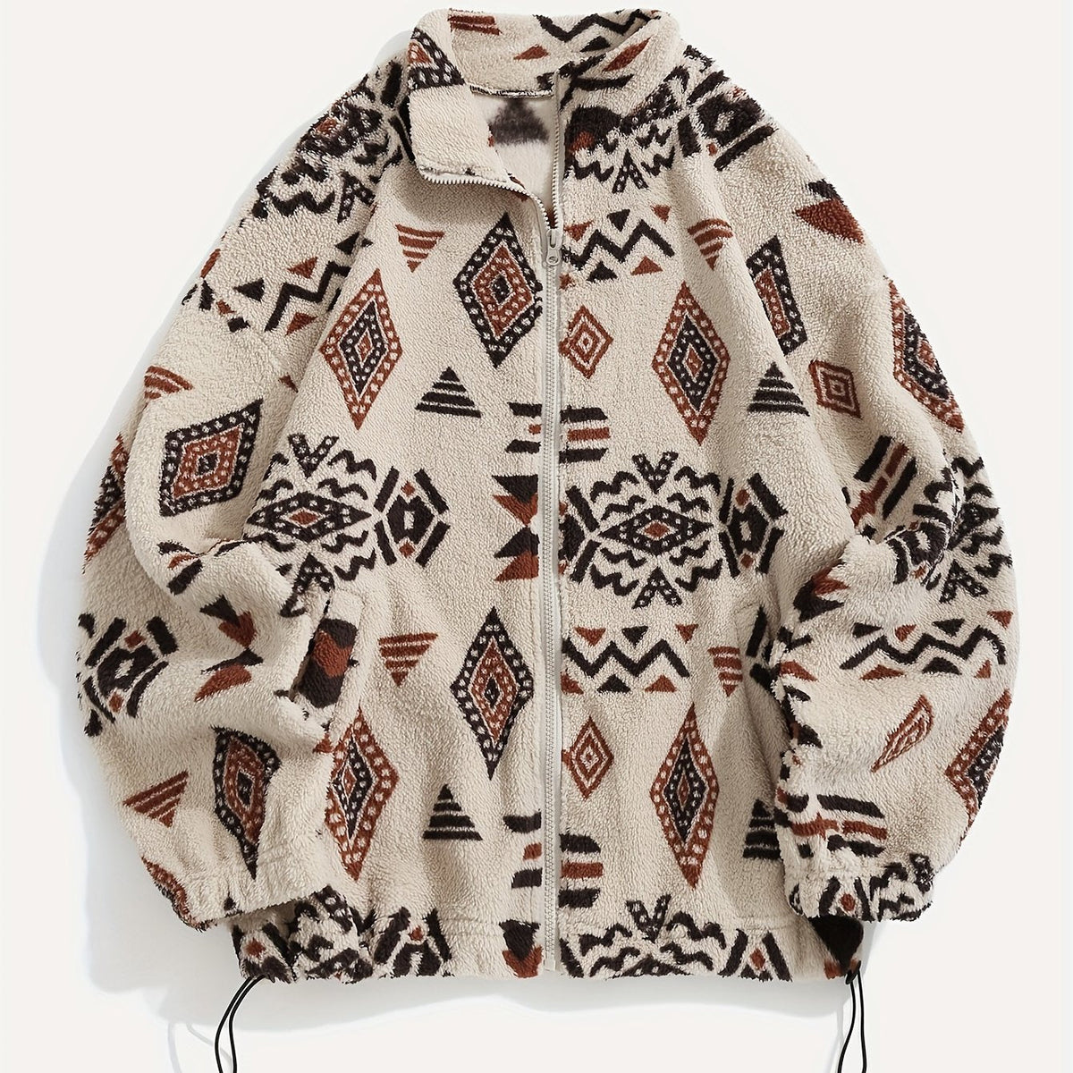Fleece Zip-Up Jacket Aztec Geometric Print Sherpa Coat – Casual, Winter