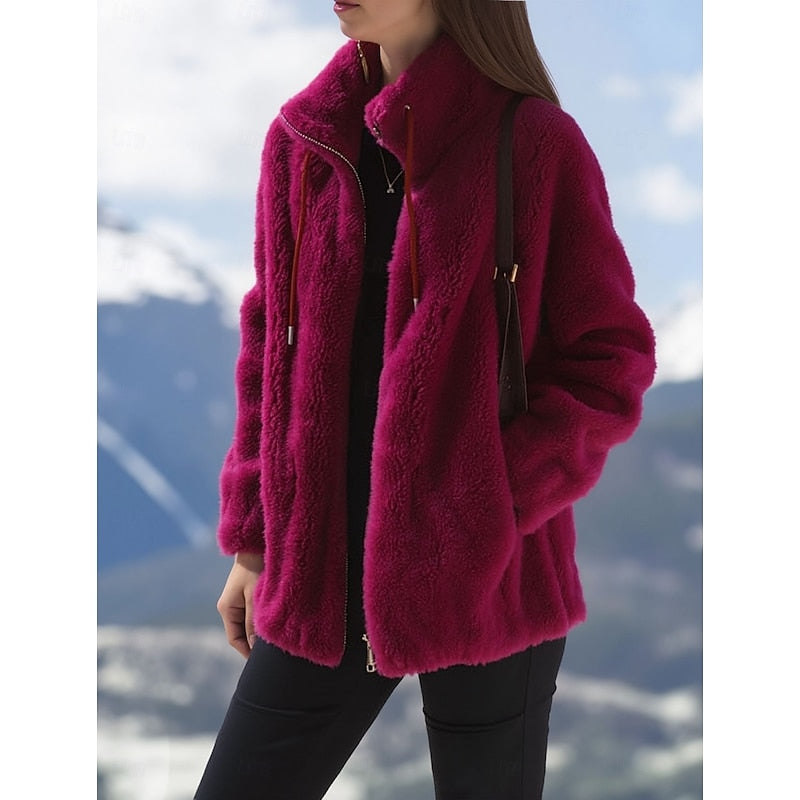 Fleece Zip-Up Jacket Women's Stand Collar Drawstring – Casual, Winter Outdoor