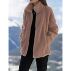 Fleece Zip-Up Jacket Women's Stand Collar Drawstring – Casual, Winter Outdoor