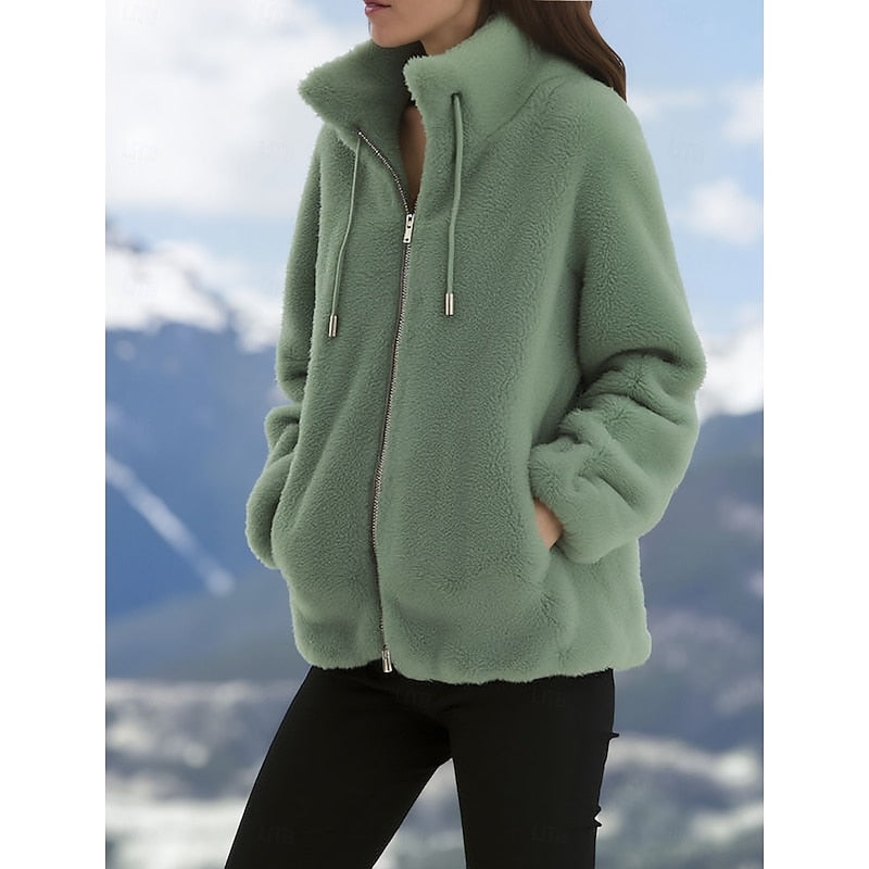 Fleece Zip-Up Jacket Women's Stand Collar Drawstring – Casual, Winter Outdoor