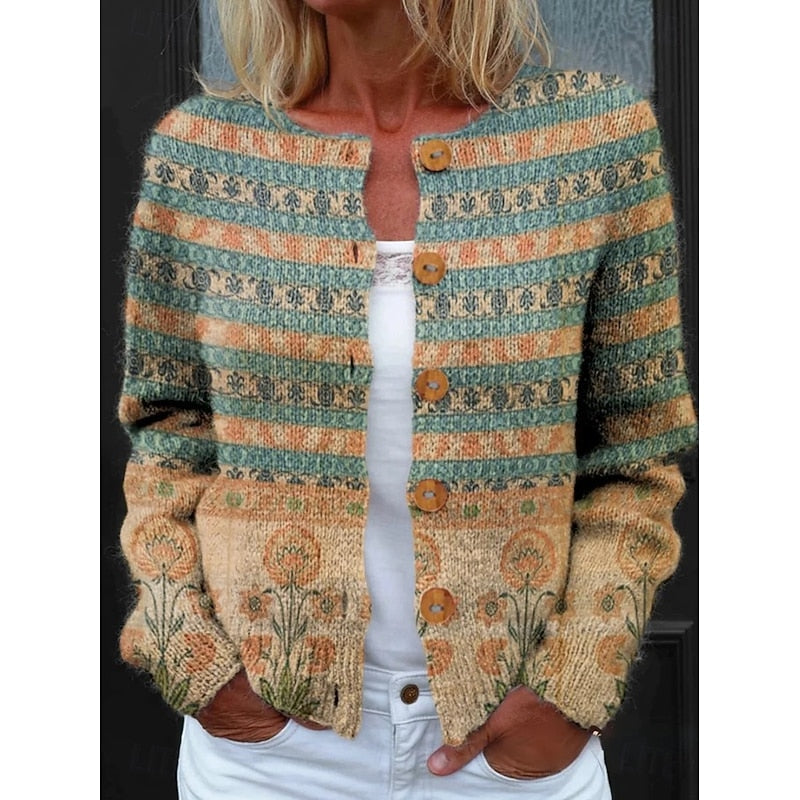 Floral Button-Front Cardigan Women's Long Sleeve Knit Jacket – Casual, Office