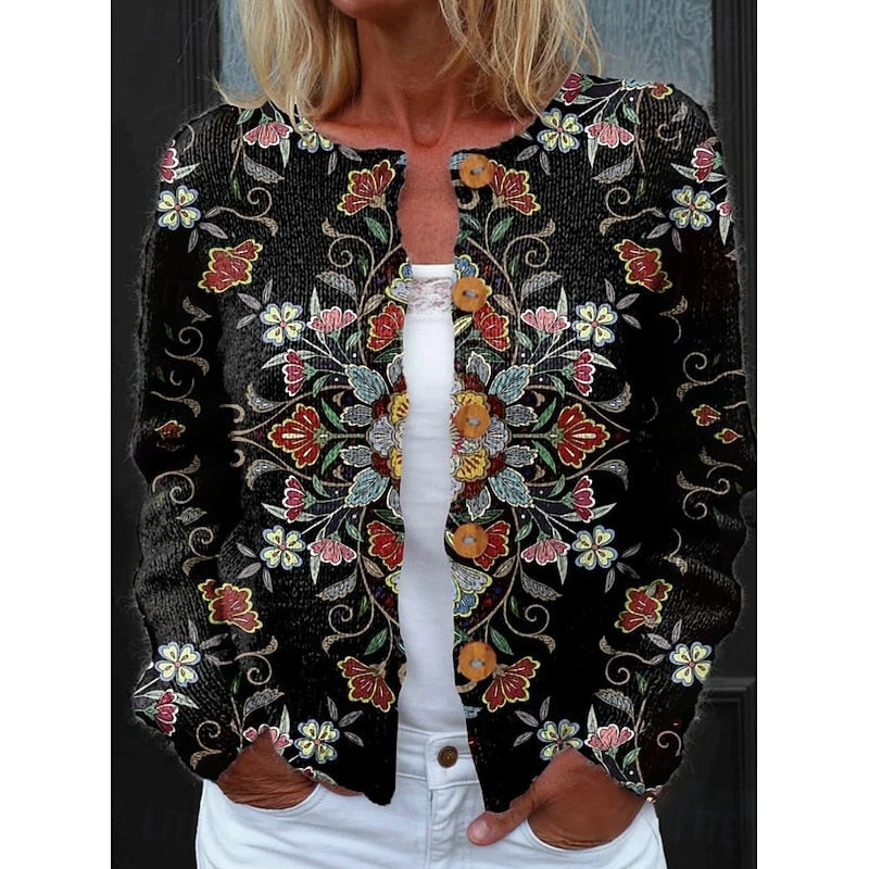 Floral Button-Front Cardigan Women's Long Sleeve Knit Jacket – Casual, Office
