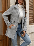 Herringbone Coat Women's Gray Button-Front Lapel Collar – Casual, Office