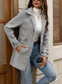 Herringbone Coat Women's Gray Button-Front Lapel Collar – Casual, Office