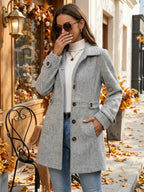 Herringbone Coat Women's Gray Button-Front Lapel Collar – Casual, Office