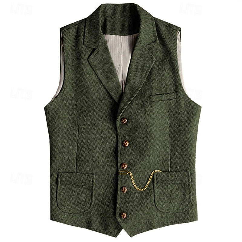Herringbone Tweed Waistcoat Men's Notch Lapel Suit Vest with Pockets – Wedding, Office