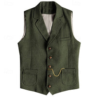 Herringbone Tweed Waistcoat Men's Notch Lapel Suit Vest with Pockets – Wedding, Office
