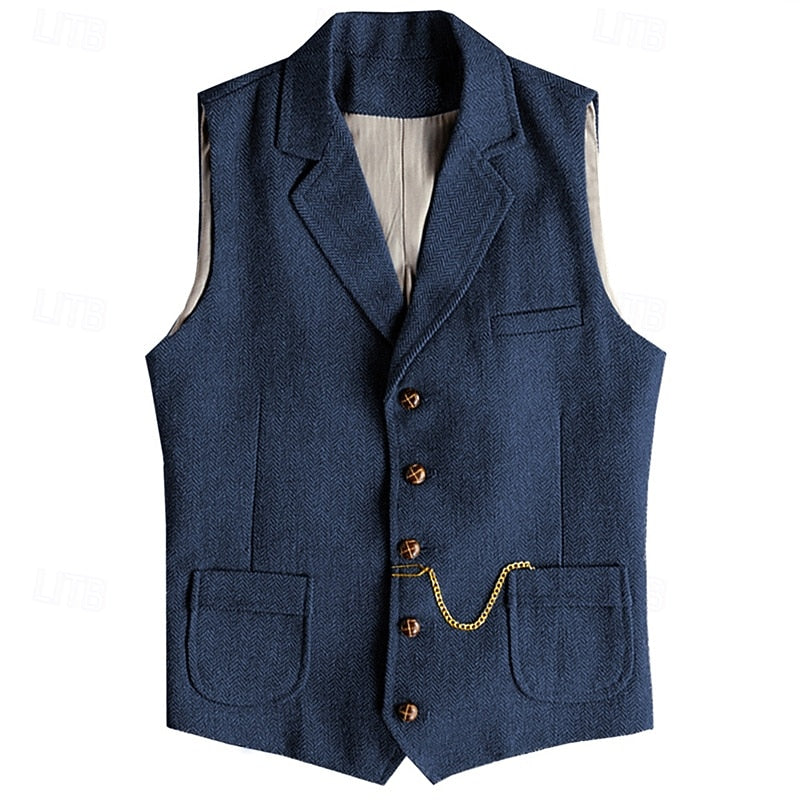 Herringbone Tweed Waistcoat Men's Notch Lapel Suit Vest with Pockets – Wedding, Office