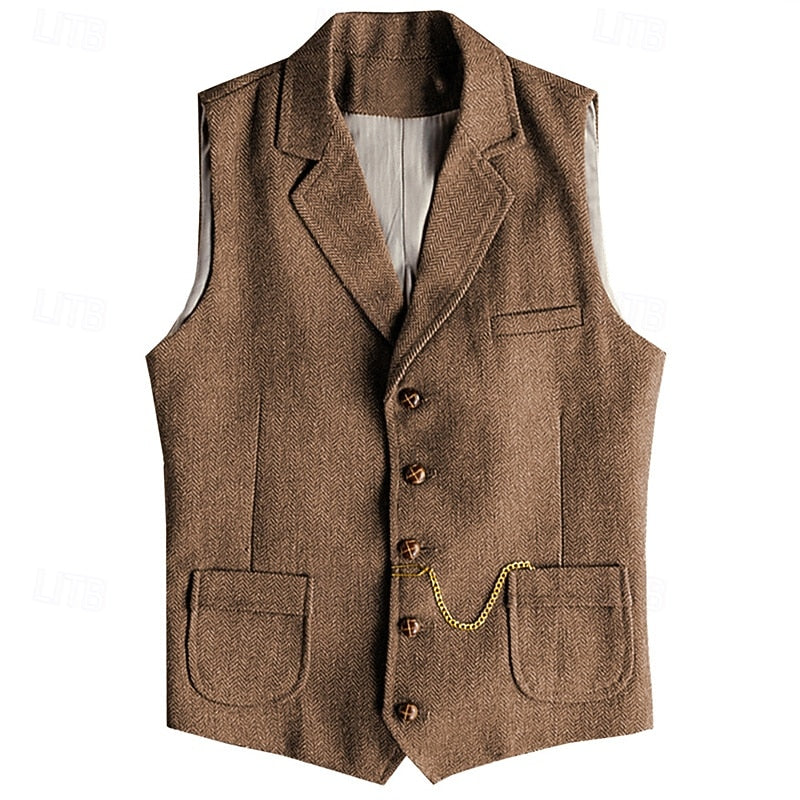 Herringbone Tweed Waistcoat Men's Notch Lapel Suit Vest with Pockets – Wedding, Office