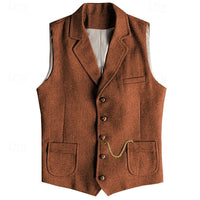 Herringbone Tweed Waistcoat Men's Notch Lapel Suit Vest with Pockets – Wedding, Office