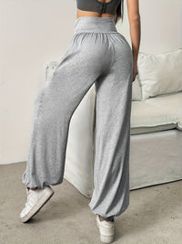 High-Waist Wide-Leg Lounge Trousers Women's Grey with Pockets – Casual, Home Comfort