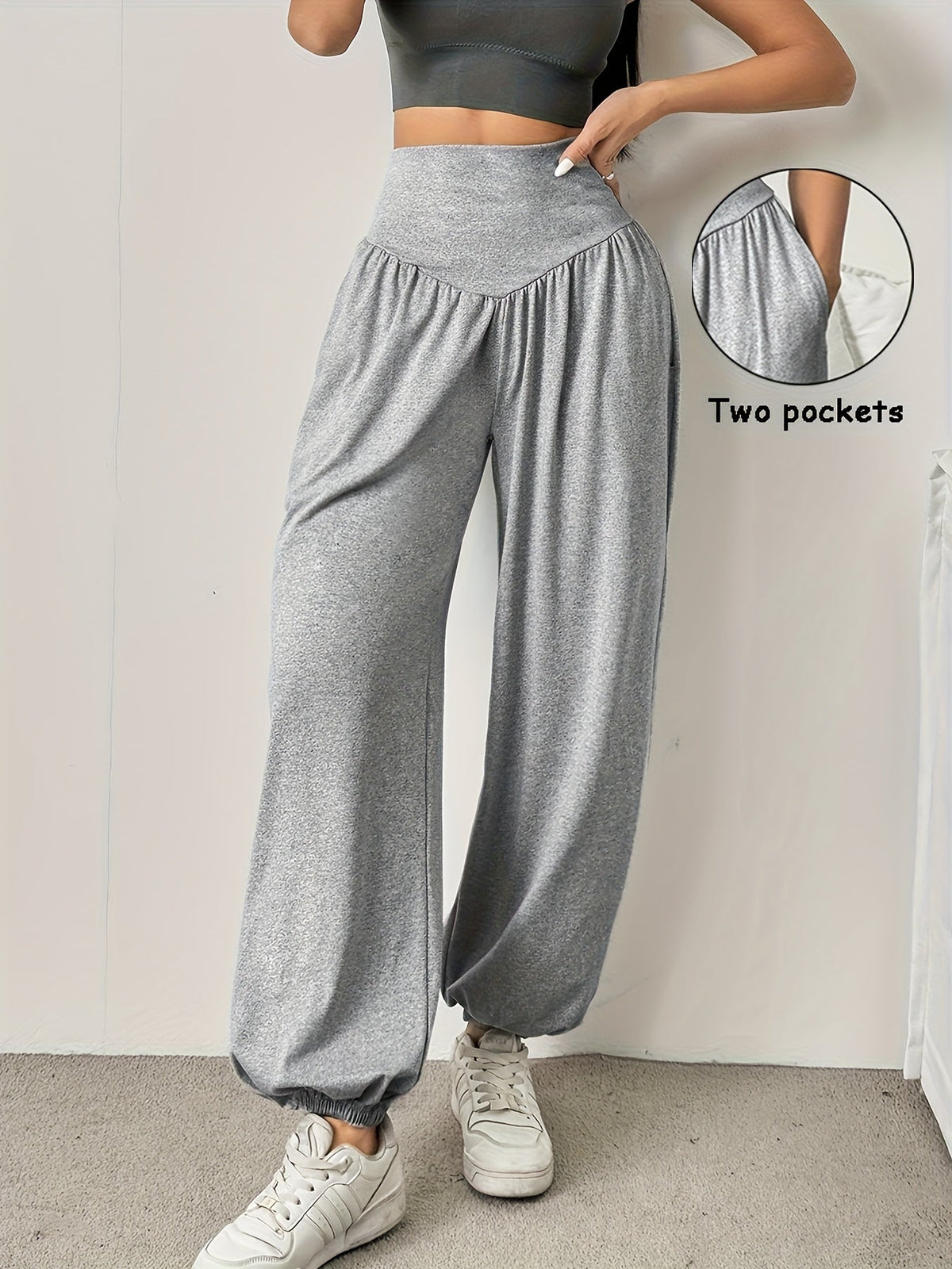 High-Waist Wide-Leg Lounge Trousers Women's Grey with Pockets – Casual, Home Comfort