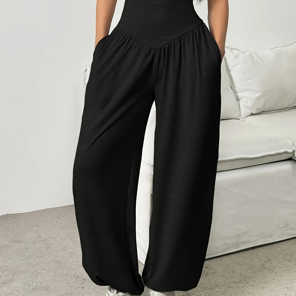 High-Waist Wide-Leg Lounge Trousers Women's Grey with Pockets – Casual, Home Comfort