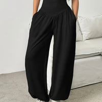 High-Waist Wide-Leg Lounge Trousers Women's Grey with Pockets – Casual, Home Comfort