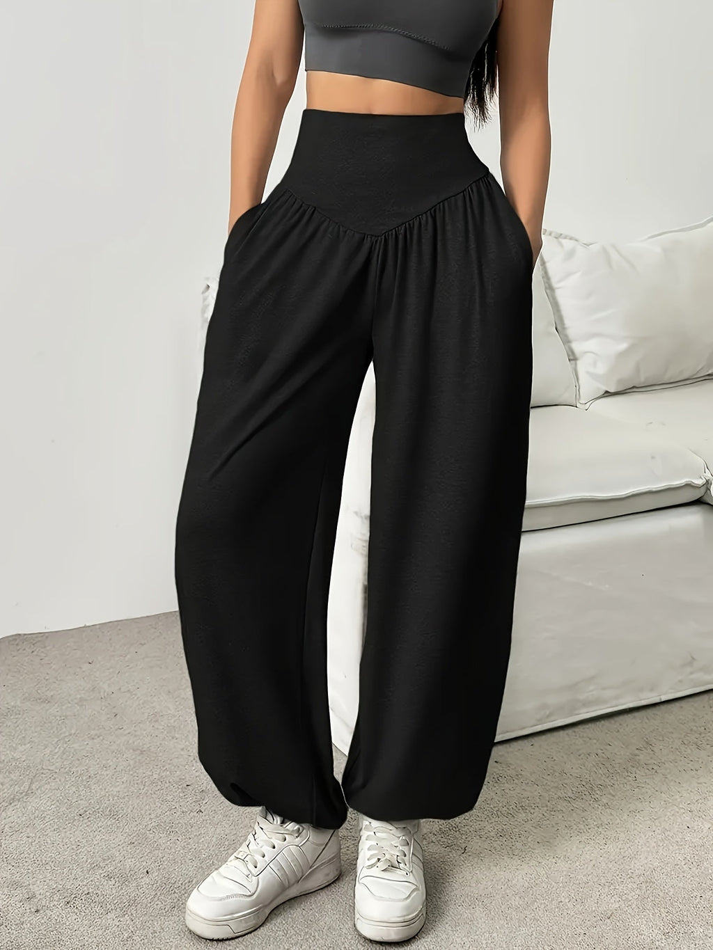 High-Waist Wide-Leg Lounge Trousers Women's Grey with Pockets – Casual, Home Comfort