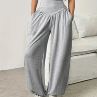 High-Waist Wide-Leg Lounge Trousers Women's Grey with Pockets – Casual, Home Comfort