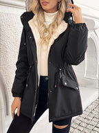 Hooded Fleece-Lined Jacket Black Women's Zip-Up – Casual, Winter Warmth