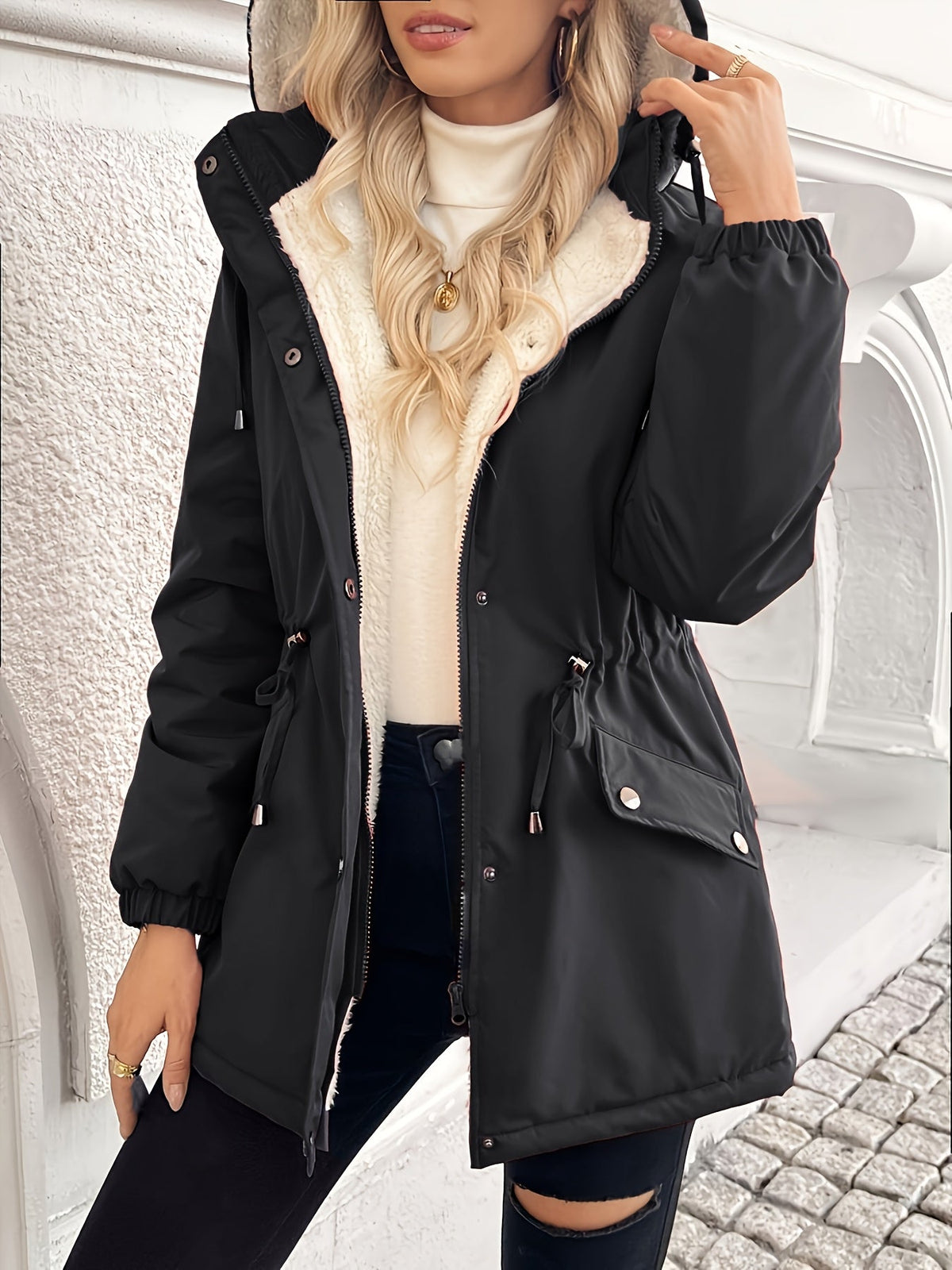 Hooded Fleece-Lined Jacket Black Women's Zip-Up – Casual, Winter Warmth