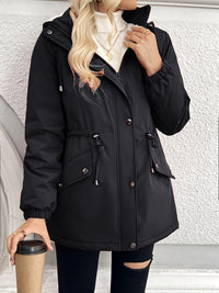 Hooded Fleece-Lined Jacket Black Women's Zip-Up – Casual, Winter Warmth