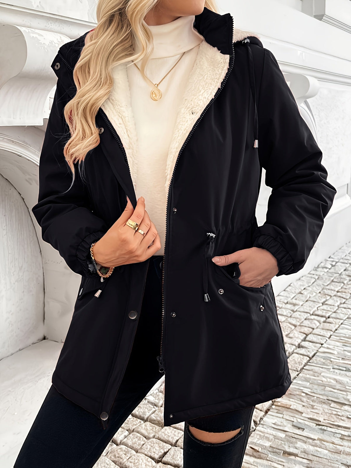 Hooded Fleece-Lined Jacket Black Women's Zip-Up – Casual, Winter Warmth