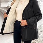 Hooded Fleece-Lined Jacket Black Women's Zip-Up – Casual, Winter Warmth