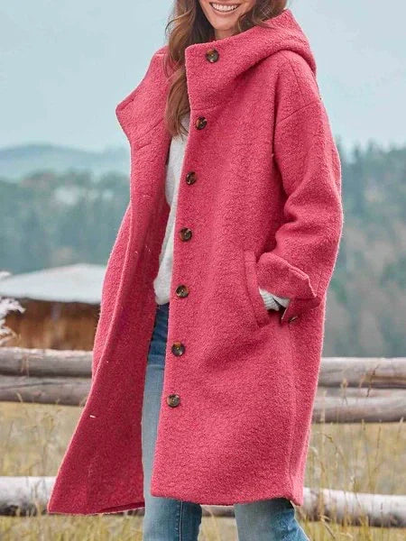 Pink Hooded Long Coat Women's Button-Front Longline Jacket – Casual, Office