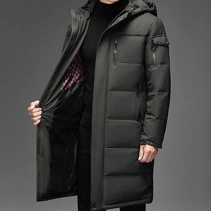 Hooded Long Puffer Coat Men's Zip-Up Padded Jacket – Casual, Cold Weather Outdoor