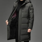 Hooded Long Puffer Coat Men's Zip-Up Padded Jacket – Casual, Cold Weather Outdoor