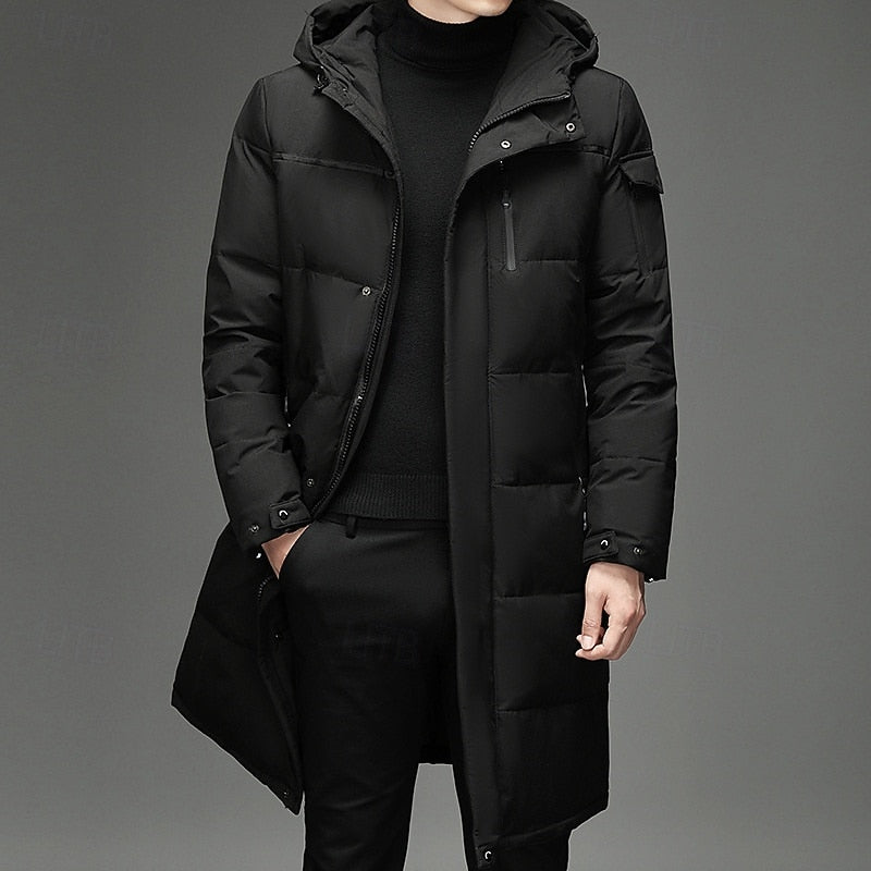 Hooded Long Puffer Coat Men's Zip-Up Padded Jacket – Casual, Cold Weather Outdoor