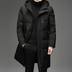 Hooded Long Puffer Coat Men's Zip-Up Padded Jacket – Casual, Cold Weather Outdoor