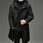 Hooded Long Puffer Coat Men's Zip-Up Padded Jacket – Casual, Cold Weather Outdoor