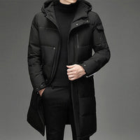 Hooded Long Puffer Coat Men's Zip-Up Padded Jacket – Casual, Cold Weather Outdoor