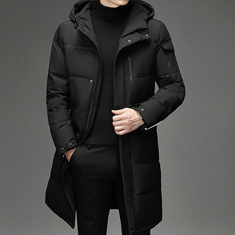 Hooded Long Puffer Coat Men's Zip-Up Padded Jacket – Casual, Cold Weather Outdoor